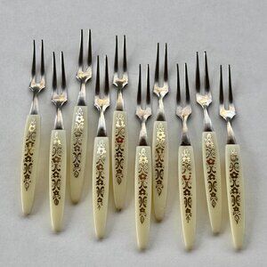 Set of 10 Vintage Stainless Gold Floral Inlay Seafood Cocktail Forks Japan 4.25"